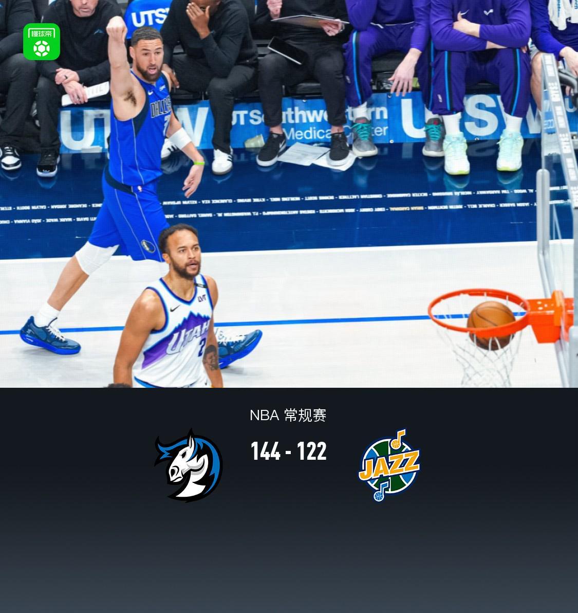 开云-独行侠144-122轻取爵士，克莱26分6板，马绍尔22+6+4